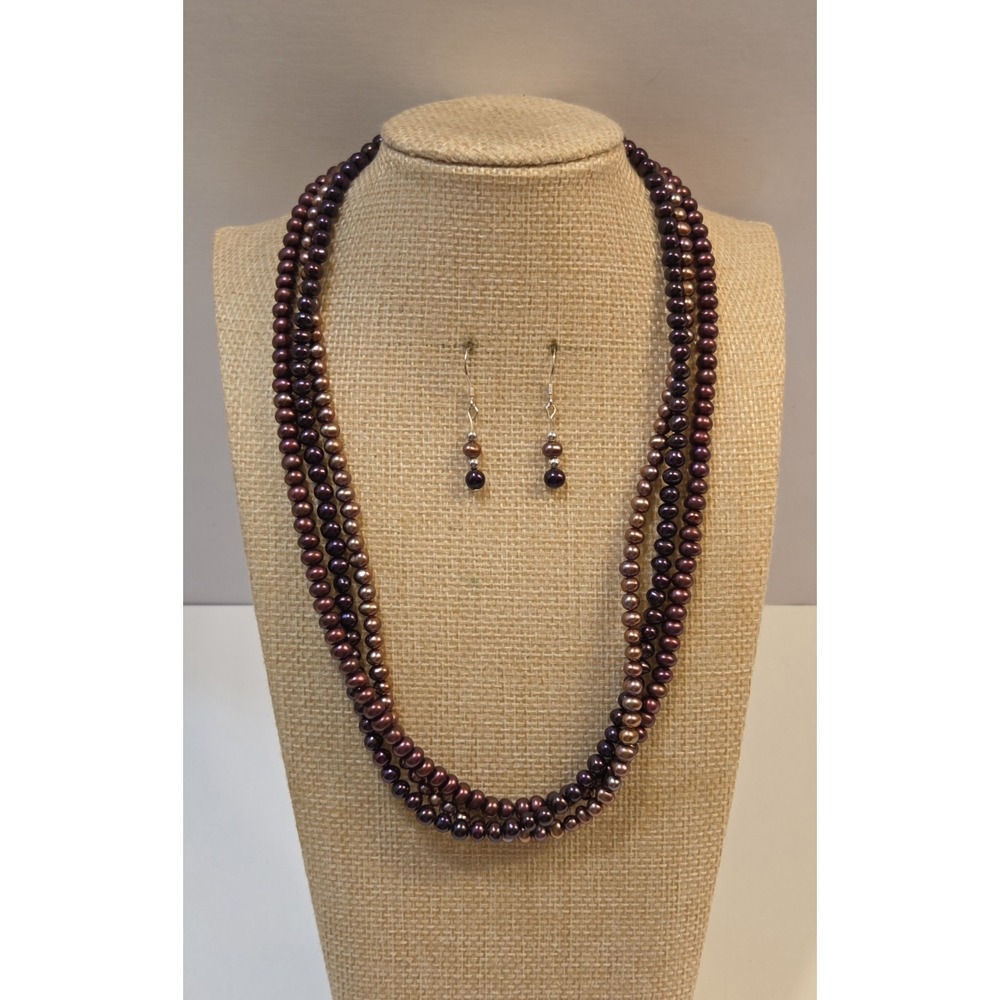 Triple Strand Burgundy‎ Purple Pearl & Sterling Silver Necklace & Earrings Set